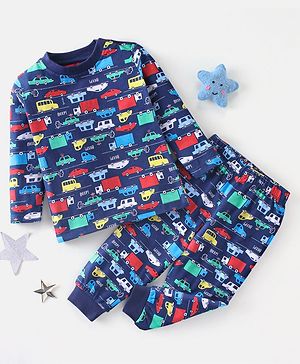 Babyhug Cotton Full Sleeves Car Print Pyjama Sets Nightwear - Blue