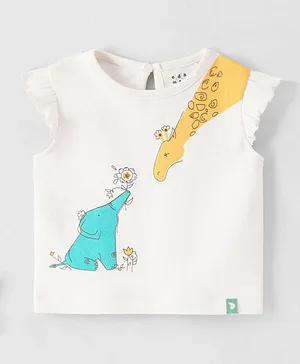 Ed-a-Mamma Baby Cap Frill Sleeves Elephant & Giraffe Placement Printed Tee - Off White
