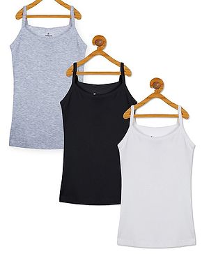 Kiddopanti Pack Of 3 Sleeveless Solid Tank Tops- White  Black & Grey Melange