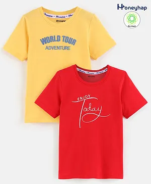 Honeyhap Premium 100% Cotton Half Sleeves Bio-Washed T-Shirt Text Print Pack of 2 - High Risk Red & Samoan Sun