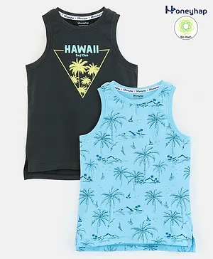 Honeyhap Premium 100% Cotton Hawaii Printed Sleeveless T-Shirt with Bio Finish Pack of 2 - Atomizer & Volcanic Ash