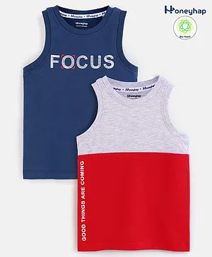 Honeyhap Premium 100% Cotton Text Printed Sleeveless T-Shirt with Bio Finish Pack of 2 - Limogese High Risk Red & Ecru Melange