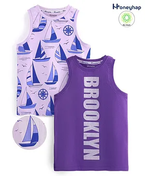 Honeyhap Premium 100% Cotton Sleeveless T-Shirts with Bio Finish Boats & Text Print Pack of 2 - Pansy & Lavender Fog