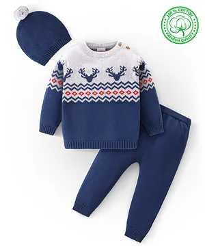 Babyhug 100% Organic Cotton Full Sleeves Sweater Set With Cap Intarsia Bear Face Design- Blue