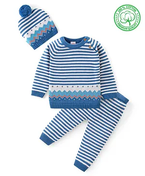 Babyhug  Organic Cotton Full Sleeves Sweater Set With Cap Stripes- Blue