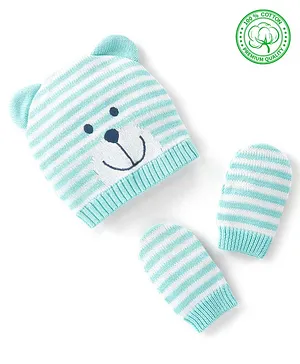 Babyhug Organic Cotton Knit Woollen Cap and Mitten Set Stripes & Bear Design - Aqua Blue