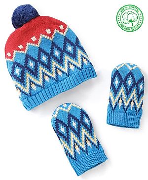 Babyhug Organic Cotton Woollen Cap and Mitten Set Diamond Design Blue -  Cap Diameter 9.5 cm
