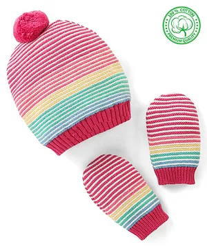Babyhug Pom Pom Striped Organic Cotton Cap & Mittens Set Pink - Circumference 30 cm