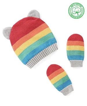 Babyhug Organic Cotton Woollen Cap and Mitten Set Colour Stripes Design - Multicolour