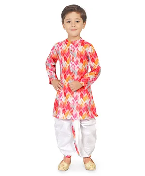 KIDS FARM Full Sleeves Seamless Abstract Chevron Printed Kurta With Coordinating Lace Detailed Dhoti - Red