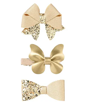 Aye Candy Set Of 3 Bow Glittered Design Alligator Hair Clips - Gold