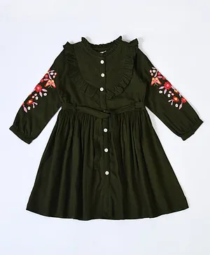 Bella Moda Puffed Full Sleeves Frill Bodice Detailed Flower & Leaf Embroidered Fit & Flare Shirt Dress - Dark Green