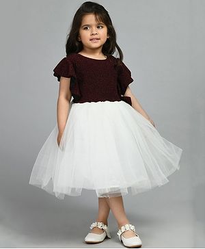 Bella Moda Short Flutter Sleeves Glitter Embellished Tutu Flared  Party Dress - Wine Maroon