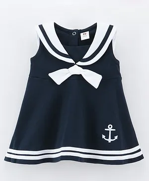 ToffyHouse 100% Knitted Cotton Interlock Sleeveless Frock with Anchor Embroidery  -  Navy