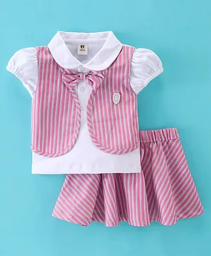 ToffyHouse Cotton Knit Half Sleeves Striped Top & Skirt Set - Pink