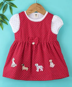 ToffyHouse 100% Cotton Woven Frocks with Half Sleeves Inner Tee Polka Dots Print - White & Red