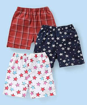 Babyhug Cotton Woven Boxers Checks & Star Print Pack of 3- Maroon Blue & White