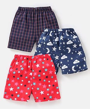 Babyhug Cotton Woven Boxers Checks & Moon Print Pack of 3 - Blue & Red