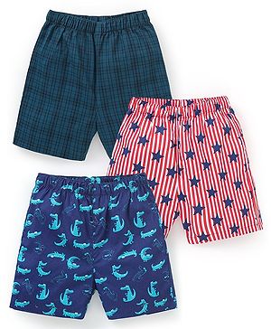 Babyhug Cotton Knit Boxers Crocodile & Stars Print Pack of 3 - Green Red & Blue