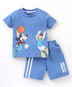 Babyhug 100% Cotton Knit Half Sleeves T-Shirt & Shorts Set Mickey Mouse Print - Light Blue