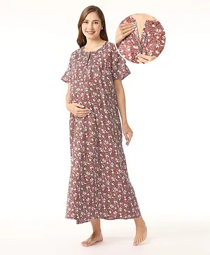 Bella Mama Cotton Woven Half Sleeves Floral Printed Nursing Nighty with Concealed Zipper  - Burgundy