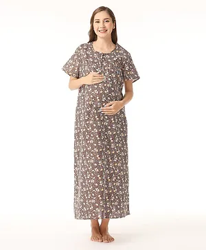 Bella Mama Cotton Woven Half Sleeves Floral Printed Nursing Nighty with Concealed Zipper  - Brown