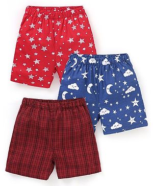 Babyhug Cotton Knit Boxers Star & Moon Print Pack of 3 - Maroon Blue & Red