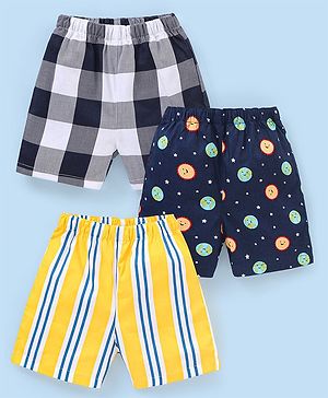 Babyhug Cotton Knit Boxers Checks & Stripes Print Pack of 3 - Yellow & Blue