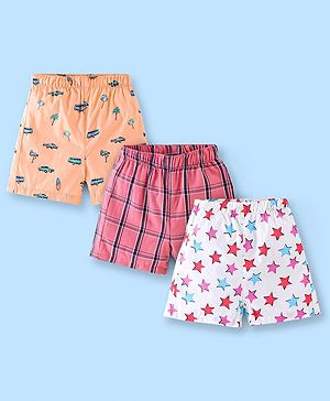Babyhug Cotton Boxers Checks & Dino Print Pack of 3- Orange Pink & White