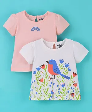 Doodel Poodle 100% Cotton Half Sleeves T-Shirt Floral Print Pack of 2- White & Pink