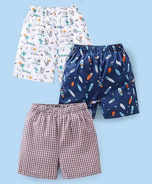 Babyhug Cotton Woven Boxer Checks & Surfboard Print Pack of 3 - White & Blue