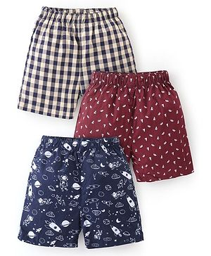 Babyhug Cotton Knit Boxer Checks & Space Print Pack of 3 - Beige Red & Blue