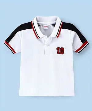 Babayhug Cotton Half Sleeves Polo T-Shirt with Numeric Print - White