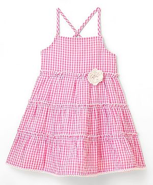 Babyhug Seer Sucker Yarndyed Checks Singlet Frock With Corsage - Pink