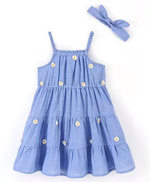 Babyhug Cotton Woven Fit And Flare Sleeveless Frock With Headband Floral Embroidery- Blue