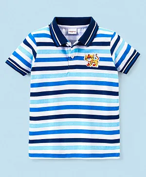 Babyhug Cotton Knit Half Sleeves Striped Polo T-Shirt Tiger Patch - White & Blue