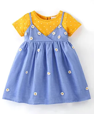 Babyhug Cotton Fit And Flare Frock With Half Sleeves Inner Tee With Headband Floral Embroidery- Blue & Yellow