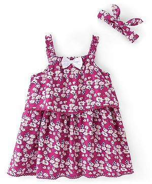 Babyhug Singlet Sleeves Rayon Woven Floral Printed Frock with Headband - Maroon