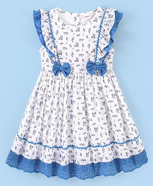 Babyhug Rayon Sleeveless Frock With Bow Applique Floral Print- Blue & White