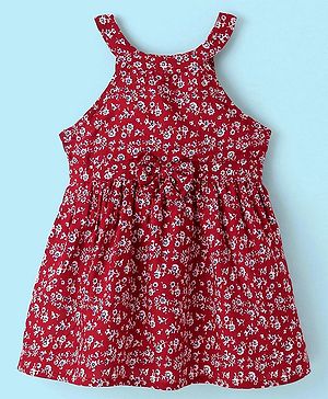 Babyhug Rayon Woven Sleeveless Fit & Flare Frock with Bow Applique Floral Print - Red