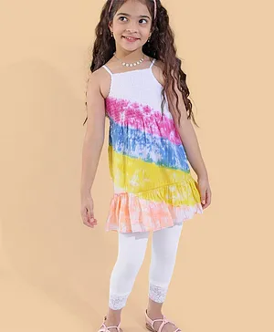 Ollington St. 100% Cotton Sleeveless Tie Dye Tunic Top and Leggings with Lace Detailing- Multicolor