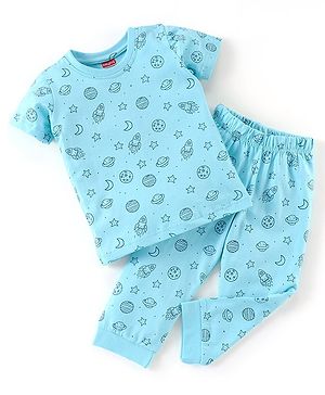 Babyhug Cotton Knit Half Sleeves Night Suit With Space Print - Pink