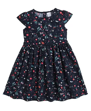 Funshine Cap Sleeves Botanical Garden Flower Theme Printed Gathered Dress  - Navy Blue