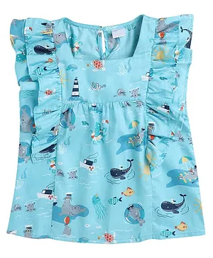 Funshine Cap Frill Sleeves Aquatic Sea Life Theme  Printed Tunic Top - Aqua Blue