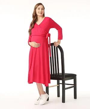 Bella Mama Full Sleeves Overlapping Maternity Dress Solid - Pink