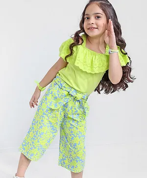 Ollington St. 100% Cotton Off Shoulder Top with Lace Detailing & Floral Print Culottes - Green & Blue