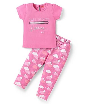 Babyhug Cotton Knit Short Sleeves Clouds Printed Night Suit - Pink