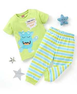 Baabyhug Cotton Knit Half Sleeves Night Suit Monster Print - Green & Multicolor
