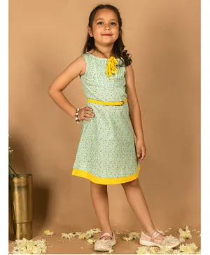KASYA KIDS Sleeveless Heart Printed Dress With Belt - Green