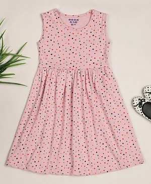 Zion Sleeveless Polka Dots Printed Gathered Fit & Flare Dress - Pink